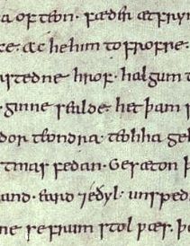 Lines from the 'Caedmon manuscript' of Anglo-Saxon poetry, late 10th century (Bodleian Library, MS. Junius 11, p. 46).