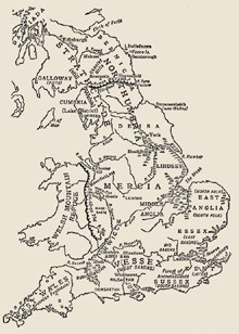 Anglo-Saxon England at the beginning of the ninth century. Map from G. M. Trevelyan’s A shortened history of England, Penguin, 1942.