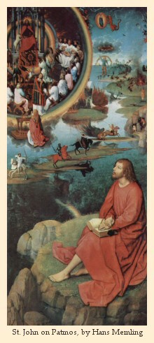 St. John on Patmos,  by Hans Memling (right panel of the Triptych of the Mystical Marriage of Saint Catherine), circa 1479,  in the Hospital of St. John in Brugge