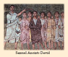 A fresco painting on the wall of an ancient Jewish synagogue portrays Samuel annointing David.