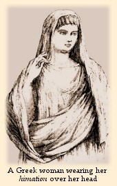 A Greek woman wearing her himation over her head