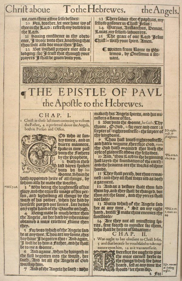 the first page of the epistle to the Hebrews in the first printing of the King James Version, 1611