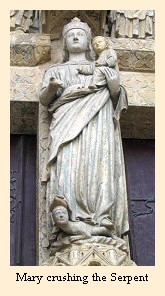 A statue on the cathedral at Amiens depicts Mary crushing the serpent