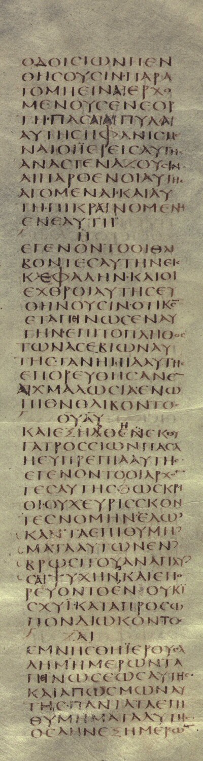 Codex Sinaiticus, Lamentations 1:4-7

Brenton's English Translation

4 DALETH. The ways of Sion mourn, because there are none that come to the feast: all her gates are ruined: her priests groan, her virgins are led captive, and she is in bitterness in herself.
5 HE. Her oppressors are become the head, and her enemies have prospered; for the Lord has afflicted her because of the multitude of her sins: her young children are gone into captivity before the face of the oppressor.
6 VAU. And all her beauty has been taken away from the daughter of Sion: her princes were as rams finding no pasture, and are gone away in weakness before the face of the pursuer.
7 ZAIN. Jerusalem remembered the days of her affliction, and her rejection; she thought on all her desirable things which were from the days [of old, when her people fell into the hands of the oppressor, and there was none to help her: when her enemies saw it they laughed at her habitation.]
